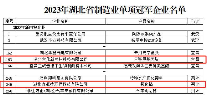 宜化新材料、宜氟特環(huán)保公司獲評2023年湖北省制造業(yè)單項冠軍企業(yè)(圖1)